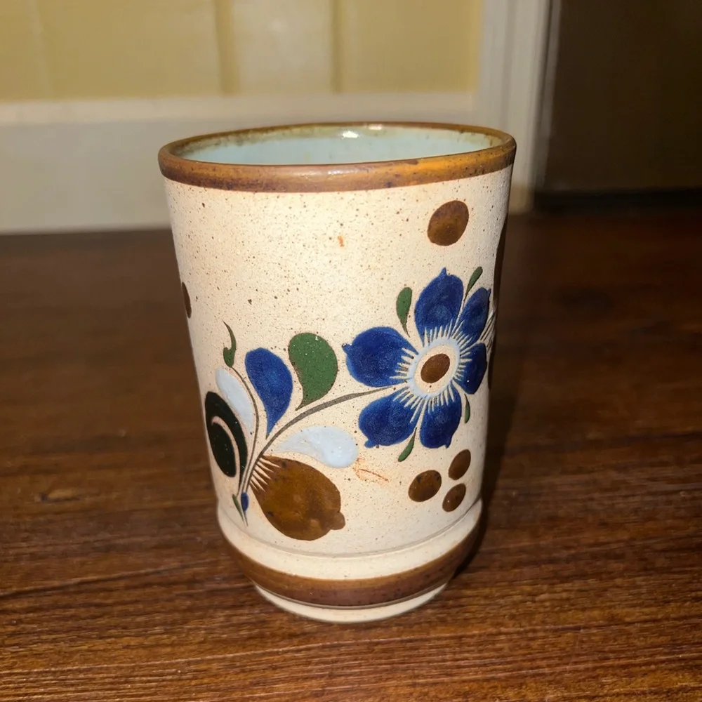 Vintage Tonala Mexican Pottery Folk Art Stoneware Rustic Tan Mug Floral Design - Picture 3 of 10